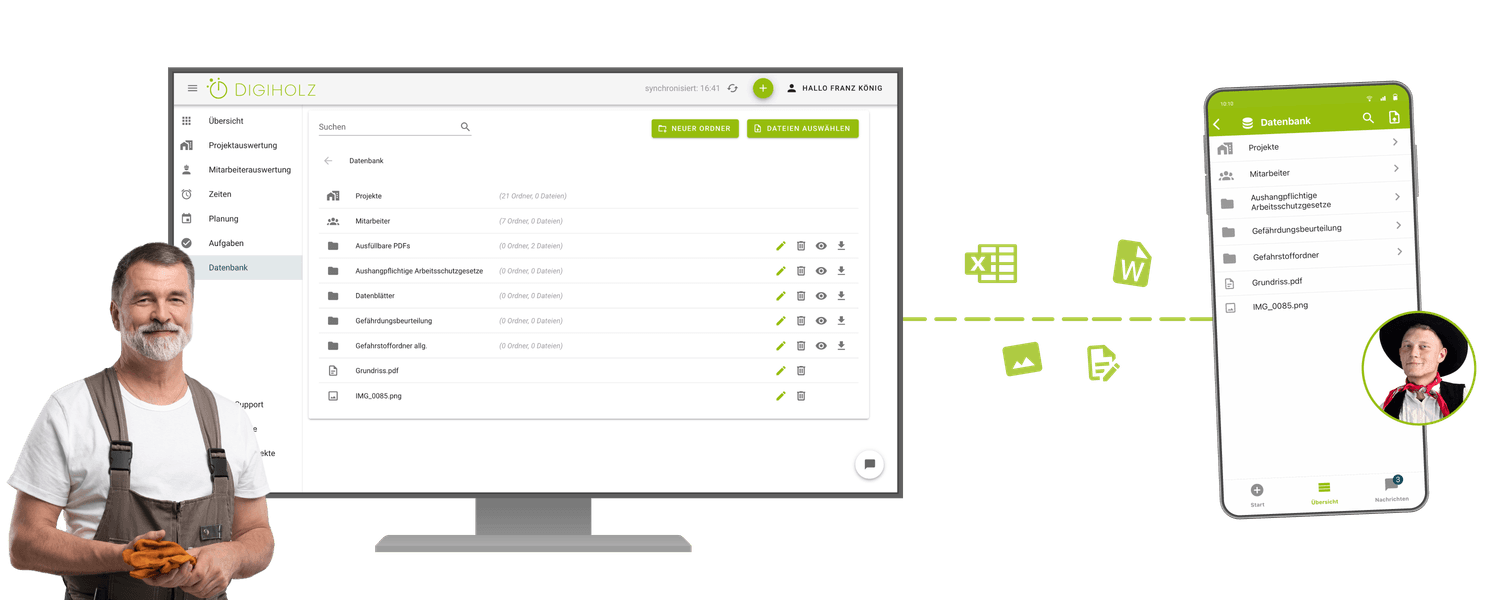 In der Datenbank von Digiholz Dokumente, Pläne und Dateien mit den Mitarbeitern am Projekt teilen