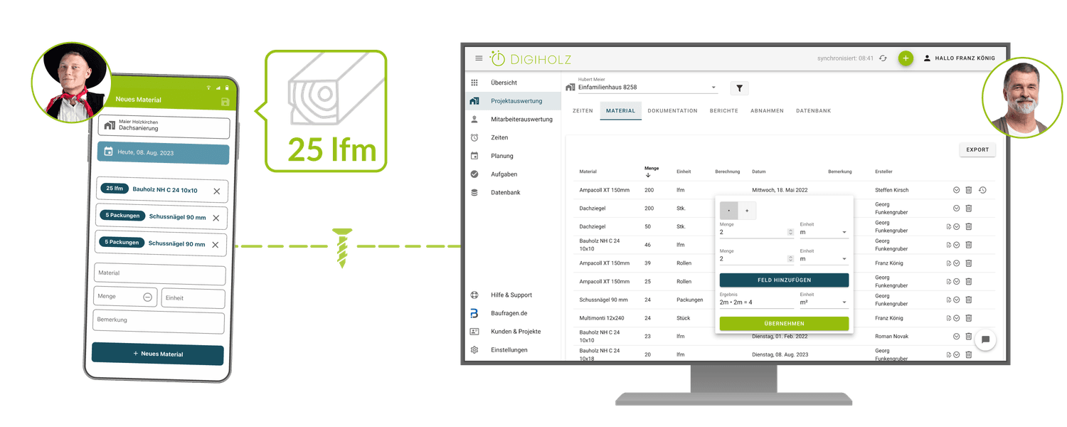 Mit der Digiholz App mobil Materialien und Materiallisten eintragen und am PC überprüfen und auswerten