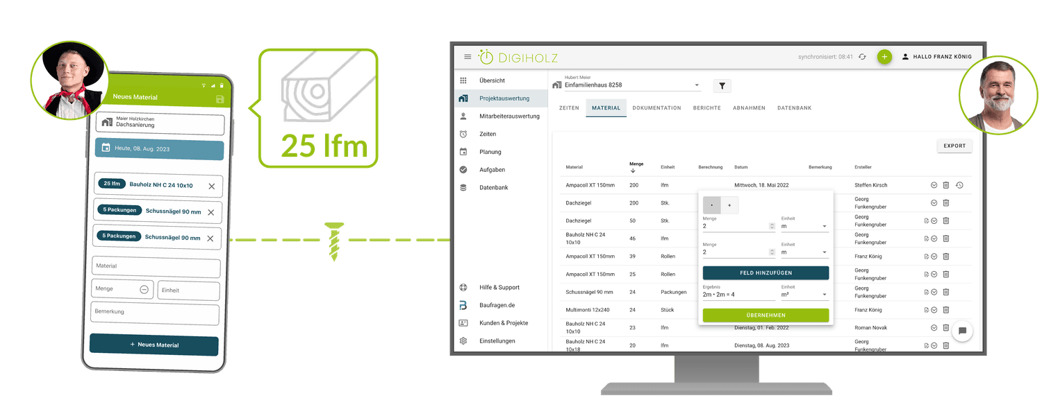 Mit der Digiholz App mobil Materialien und Materiallisten eintragen und am PC überprüfen und auswerten